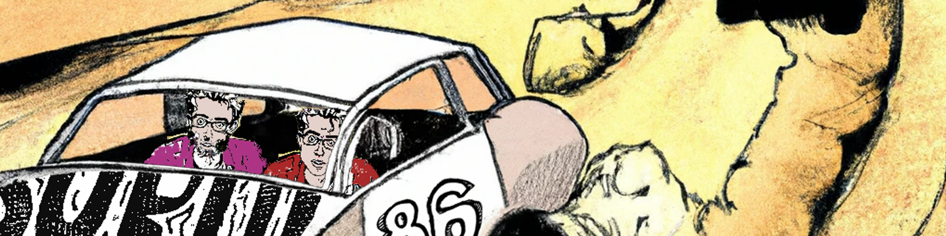 A close up the Drag Car Racer EP album cover by Scrub. A newspaper cartoon-styled Luke and Corey have panicked expressions while racing a derby car through the desert.